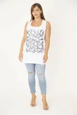 Kadın Büyük Beden Beyaz Payet Detaylı Uzun Kolsuz Bluz 65N36931