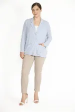 Kadın Mavi Tek Düğmeli Astarsız Cepli Hırka