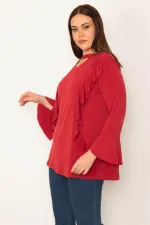 KADIN BORDO YAKA VE VOLAN DETAYLI BLUZ