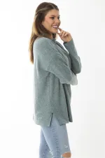Kadın Büyük Beden Yeşil Yün Viskon Kumaş Sıfır Yakalı Yan Yırtmaçlı Tunik 65N37019