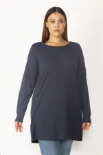 Kadın Lacivert Pamuklu Kumaş Bisiklet Yakalı Uzun Kollu Tunik 65N29895