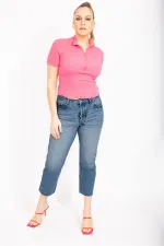 Kadın Mavi Büyük Beden Yıkama Efektli Paçası Pis Dikişli Bilek Boy 5 Cep Kot Pantolon