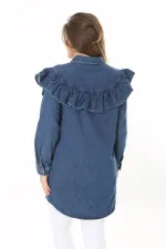 Kadın Büyük Beden Lacivert Volan Detaylı Ön Düğmeli Kot Tunik 65N37891