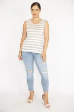 Kadın Gri Büyük Beden Bisiklet Yakalı Kolsuz Çizgili Bluz