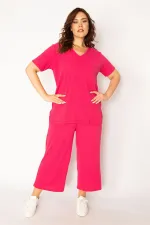 Kadın Fujya Kaşkorse Örme Beli Lastikli Geniş Paçalı Pantolon V Yakalı Bluz Takım 65N32939