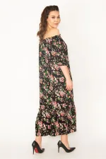 KADIN EFLATUN DOKUMA VİSKON KUMAŞ MADONNA YAKA KOL AĞZI VE YAKASI LASTİKLİ KATLI ELBİSE