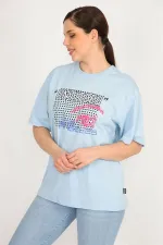 Kadın Mavi Büyük Beden Pamuklu Kumaş Ön Baskılı Bluz