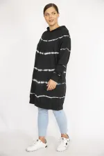 Kadın Büyük Beden Siyah Batik Desenli Kapşonlu Uzun Sweatshirt