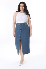 Kadın Büyük Beden Lacivert Yırtmaç Detaylı 5 Cepli Kot Etek 65N38096