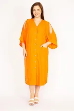 Kadın Camel Büyük Beden Omuz Dekolteli Ön Düğmeli Elbise