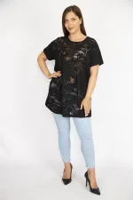 Kadın Beyaz Büyük Beden Önü Flok Bisiklet Yakalı Kısa Kollu Bluz