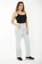 Kadın Büyük Beden Mavi Yıkama Efektli Yüksek Bel Kot Pantolon 65N37246