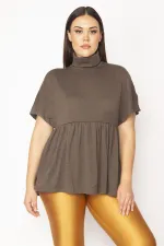 Kadın Kahve Boğazlı Yaka Bel Büzgülü Düşük Kol Triko Bluz 65N29661