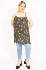 Kadın Haki Büyük Beden Şifon Kumaş Askılı Önü Katlı Bluz 65N35663