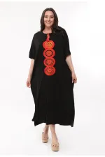 Kadın Büyük Beden Siyah, Rahat Kesim V Yaka Nakışlı Elbise 65N39077