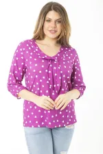 Kadın Büyük Beden Eflatun Yaka Fularlı Kalp Desenli Bluz 65N37144