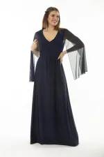 Kadın Büyük Beden Lacivert Bel Detaylı Kolları Tül Abiye Elbise 65N37065