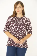 Kadın Büyük Beden Mürdüm Dokuma Viskon Kumaş Ön Pat Düğmeli Kısa Kollu Gömlek 65N36992