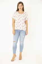 Kadın Büyük Beden Kemik Pamuk Kumaş Bisiklet Yakalı Desenli Bluz 65N36922