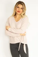 Kadın Gri V Yakalı Kabartma Desenli Ön Bağcıklı Bluz 65N35168