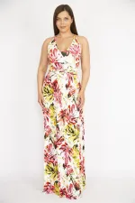 Kadın Büyük Beden Renkli Sırt Dekolteli Anvelop Yakalı Uzun Elbise 65N37264