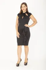 Kadın Büyük Beden Siyah Scuba Kumaş Yaka Ve Bel Detaylı Abiye Elbise 65N36848
