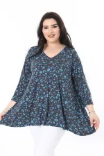 Kadın Büyük Beden Renkli V Yakalı Kapri Kol Desenli Bluz 65N38001