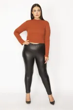 Women's Black Faux Leather Front Coated Viscose Fabric Back Leggings Trousers 65N30030