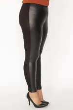 Women's Black Faux Leather Front Coated Viscose Fabric Back Leggings Trousers 65N30030