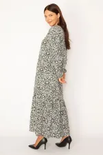 Kadın Siyah Dokuma Viskon Kumaş Etek Ucu Katlı Uzun Kollu Elbise 65N34324