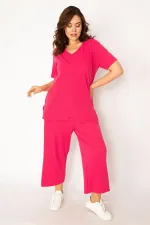 Kadın Fujya Kaşkorse Örme Beli Lastikli Geniş Paçalı Pantolon V Yakalı Bluz Takım 65N32939