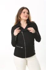 Kadın Büyük Beden Siyah Fermuar Detaylı Astarsız Ceket 65N37540