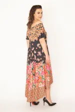 KADIN RENKLİ MADONNA YAKA ARKASI UZUN RENKLİ ELBİSE