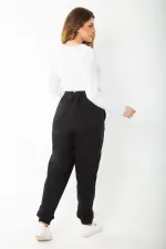 Kadın Büyük Beden Siyah Kuşgözü Bağcıklı Bel Ve Paçası Ribanalı Eşofman Pantolon 65N37398