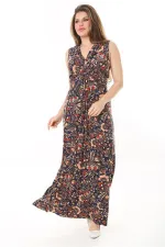 Kadın Büyük Beden Renkli Göğüs Büzgü Detaylı V Yaka Kuşaklı Elbise 65N37905