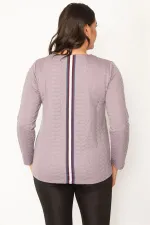 KADIN LACİVERT V YAKALI ARKA ŞERİT DETAYLI KENDİNDEN DESENLİ TUNİK