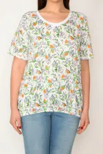 KADIN KEMİK PAMUKLU KUMAŞ BİSİKLET YAKALI ETEK UCU LASTİKLİ ÇİÇEK DESENLİ BLUZ