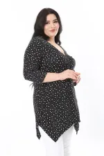 Kadın Büyük Beden Siyah Göğüs Büzmeli Puan Desenli Kapri Kollu Bluz 65N37949