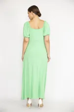 Kadın Büyük Beden Yeşil Omuz Ve Kol Ağzı Lastik Detaylı Anvelop Yakalı Elbise