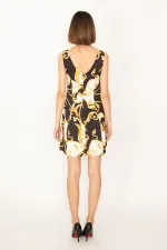 KADIN RENKLİ ÖN ARKA V YAKA DESENLİ ELBİSE