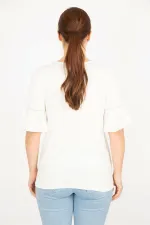 Kadın Kemik Büyük Beden Önü Nakış Ve Kolları Dantel Detaylı V Yaka Bluz