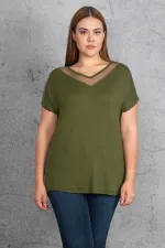 Kadın Haki Yaka Ve Kolları Tül Detaylı Viskon Bluz 65N24290