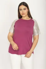 Kadın Büyük Beden Mor Kolları Payet Detaylı Bisiklet Yakalı Bluz 65N36882