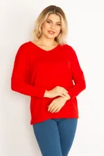 Kadın Kırmızı V Yakalı Yarasa Kol Bluz 65N34684