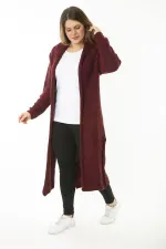 Kadın Büyük Beden Bordo Yırtmaçlı Kalın Triko Uzun Hırka 65N37131