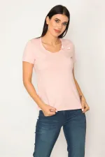 WOMEN'S PINK COTTON FABRIC V-NECK BLOUSE