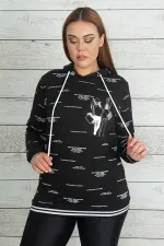 Women's Black Hooded Sweatshirt with Glittery Ribbed Hem and Cuffs 65N20362