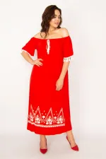 Kadın Kırmızı Karmen Yaka Nakış Ve Püskül Detaylı Uzun Elbise 65N33437