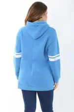 Women's Plus Size Blue Three-Thread Hooded Sweatshirt with Raised Inside 65N37464