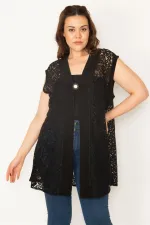Kadın Siyah Taşlı Broş Düğmeli Dantel Hırka 65N32724